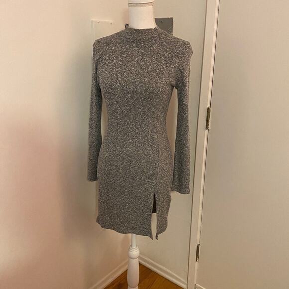 Better Be Marled Grey Knit Mock Neck Long Sleeve Split Front Bodycon Mini M - Picture 2 of 11
